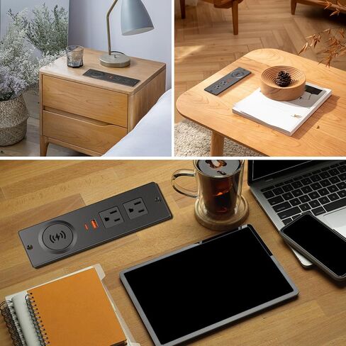 شريط طاقة مجوف مع PD 65 وات USB C، شريط طاقة مثبت على السطح مع 3 منافذ و4 منافذ USB، منفذ أثاث مع كابل توصيل مسطح 2 متر لطاولة أريكة جانبية، أسود in Kuwait