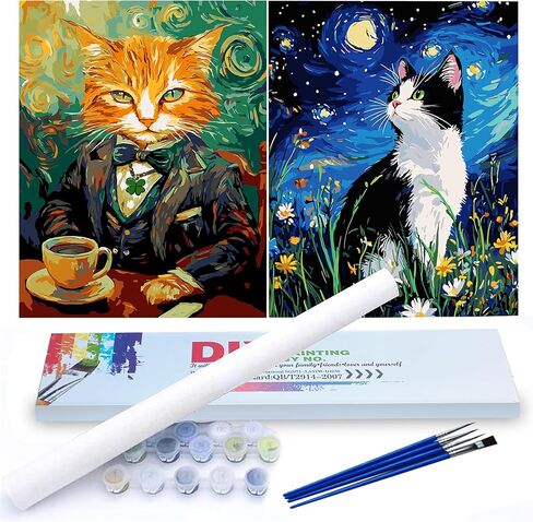 PSENIW Paint by Numbers Kit for Adults Beginners,Cat DIY Acrylic Watercolor Oil Painting Color Box,Starry Night Cat Painting 12" Wx16 L 2 Pack Canvas in Saudi Arabia
