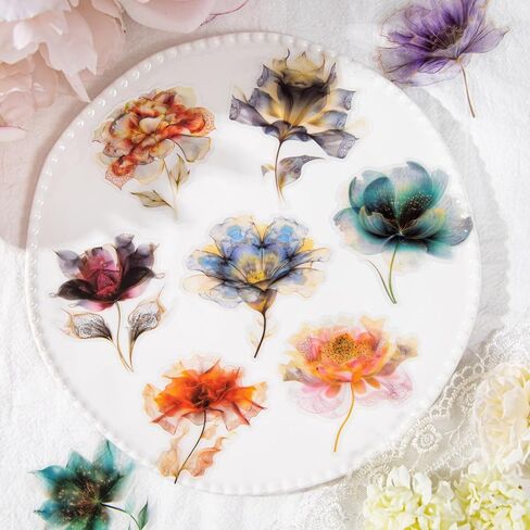 90pcs Watercolor Floral Scrapbook Stickers Set, Transparent PET Vintage Flower Stickers Decals with Smudge Effect for Journaling, Planners, Card Making, DIY Crafts and Scrapbooking in Saudi Arabia