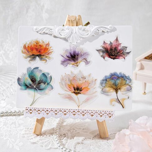 90pcs Watercolor Floral Scrapbook Stickers Set, Transparent PET Vintage Flower Stickers Decals with Smudge Effect for Journaling, Planners, Card Making, DIY Crafts and Scrapbooking in Saudi Arabia