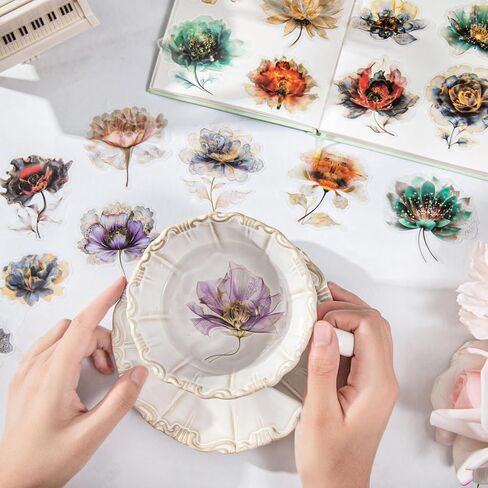 90pcs Watercolor Floral Scrapbook Stickers Set, Transparent PET Vintage Flower Stickers Decals with Smudge Effect for Journaling, Planners, Card Making, DIY Crafts and Scrapbooking in Saudi Arabia