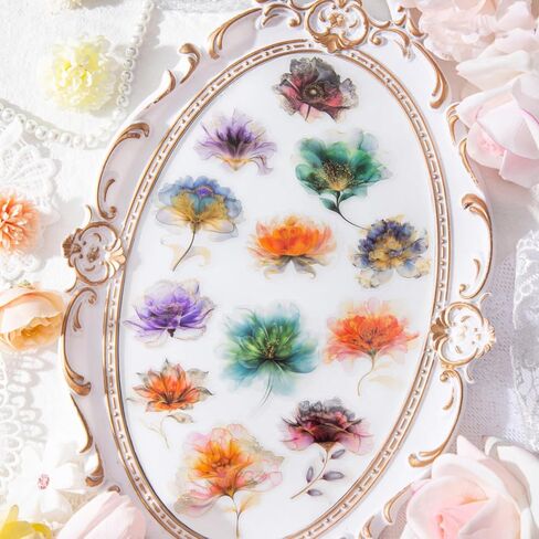 90pcs Watercolor Floral Scrapbook Stickers Set, Transparent PET Vintage Flower Stickers Decals with Smudge Effect for Journaling, Planners, Card Making, DIY Crafts and Scrapbooking in Saudi Arabia