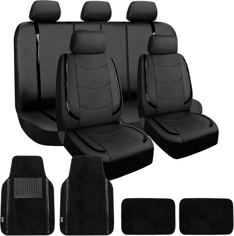 FH Group Full Set of Faux Leather Car Seat Cover Combo with Matching Carpet Floor Mats - Universal Fit, Low Back Seat Covers, Airbag Compatible Covers, Split Bench Rear Seat Cover for SUV, Sedan,Black in Saudi Arabia
