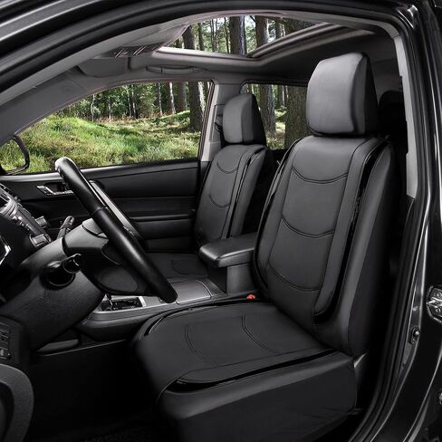 FH Group Full Set of Faux Leather Car Seat Cover Combo with Matching Carpet Floor Mats - Universal Fit, Low Back Seat Covers, Airbag Compatible Covers, Split Bench Rear Seat Cover for SUV, Sedan,Black in Saudi Arabia