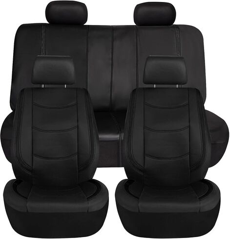 FH Group Full Set of Faux Leather Car Seat Cover Combo with Matching Carpet Floor Mats - Universal Fit, Low Back Seat Covers, Airbag Compatible Covers, Split Bench Rear Seat Cover for SUV, Sedan,Black in Saudi Arabia