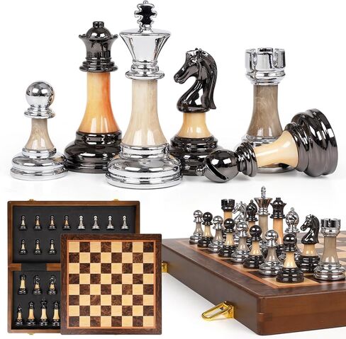 مجموعة شطرنج كبيرة فاخرة مقاس 17 بوصة، لوح شطرنج خشبي مع قطع شطرنج معدنية وأكريليك، ملك 3.5 بوصة، ملكتان إضافيتان، مجموعة شطرنج بطولة قابلة للطي للبالغين والأطفال، مجموعة ألعاب شطرنج لعرض الهدايا in Kuwait