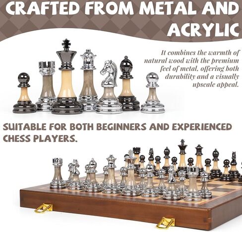 مجموعة شطرنج كبيرة فاخرة مقاس 17 بوصة، لوح شطرنج خشبي مع قطع شطرنج معدنية وأكريليك، ملك 3.5 بوصة، ملكتان إضافيتان، مجموعة شطرنج بطولة قابلة للطي للبالغين والأطفال، مجموعة ألعاب شطرنج لعرض الهدايا in Kuwait