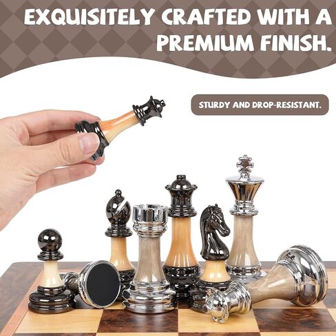 مجموعة شطرنج كبيرة فاخرة مقاس 17 بوصة، لوح شطرنج خشبي مع قطع شطرنج معدنية وأكريليك، ملك 3.5 بوصة، ملكتان إضافيتان، مجموعة شطرنج بطولة قابلة للطي للبالغين والأطفال، مجموعة ألعاب شطرنج لعرض الهدايا in Kuwait