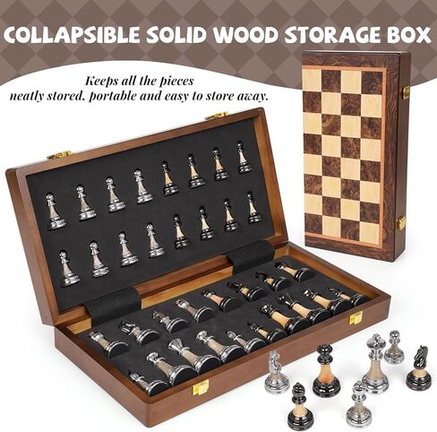مجموعة شطرنج كبيرة فاخرة مقاس 17 بوصة، لوح شطرنج خشبي مع قطع شطرنج معدنية وأكريليك، ملك 3.5 بوصة، ملكتان إضافيتان، مجموعة شطرنج بطولة قابلة للطي للبالغين والأطفال، مجموعة ألعاب شطرنج لعرض الهدايا in Kuwait