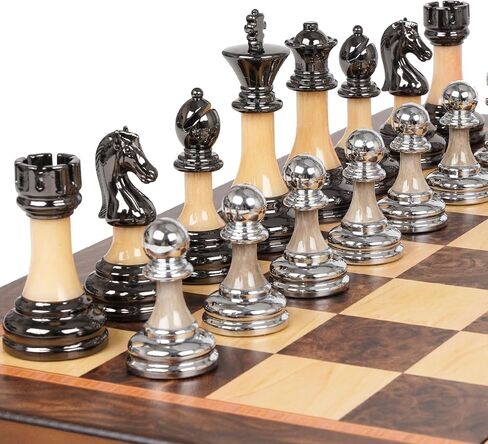 مجموعة شطرنج كبيرة فاخرة مقاس 17 بوصة، لوح شطرنج خشبي مع قطع شطرنج معدنية وأكريليك، ملك 3.5 بوصة، ملكتان إضافيتان، مجموعة شطرنج بطولة قابلة للطي للبالغين والأطفال، مجموعة ألعاب شطرنج لعرض الهدايا in Kuwait