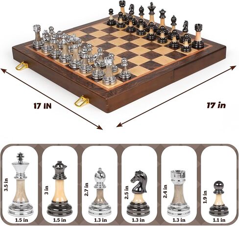 مجموعة شطرنج كبيرة فاخرة مقاس 17 بوصة، لوح شطرنج خشبي مع قطع شطرنج معدنية وأكريليك، ملك 3.5 بوصة، ملكتان إضافيتان، مجموعة شطرنج بطولة قابلة للطي للبالغين والأطفال، مجموعة ألعاب شطرنج لعرض الهدايا in Kuwait