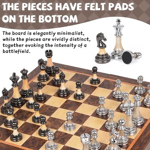 مجموعة شطرنج كبيرة فاخرة مقاس 17 بوصة، لوح شطرنج خشبي مع قطع شطرنج معدنية وأكريليك، ملك 3.5 بوصة، ملكتان إضافيتان، مجموعة شطرنج بطولة قابلة للطي للبالغين والأطفال، مجموعة ألعاب شطرنج لعرض الهدايا in Kuwait