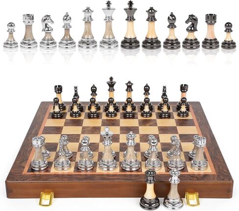 مجموعة شطرنج كبيرة فاخرة مقاس 17 بوصة، لوح شطرنج خشبي مع قطع شطرنج معدنية وأكريليك، ملك 3.5 بوصة، ملكتان إضافيتان، مجموعة شطرنج بطولة قابلة للطي للبالغين والأطفال، مجموعة ألعاب شطرنج لعرض الهدايا in Kuwait