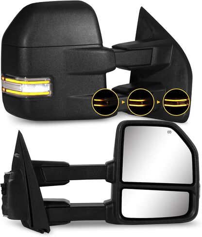 مرايا السحب لـ 2015-2020 F150 Ford Tow Mirrors مع إشارة الانعطاف وإضاءة التشغيل، مجموعة زوج مستشعر درجة الحرارة الزجاجية، غير مطلية باللون الأسود in Saudi Arabia
