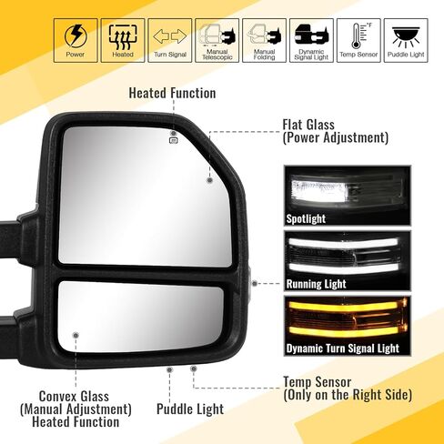 مرايا السحب لـ 2015-2020 F150 Ford Tow Mirrors مع إشارة الانعطاف وإضاءة التشغيل، مجموعة زوج مستشعر درجة الحرارة الزجاجية، غير مطلية باللون الأسود in Saudi Arabia