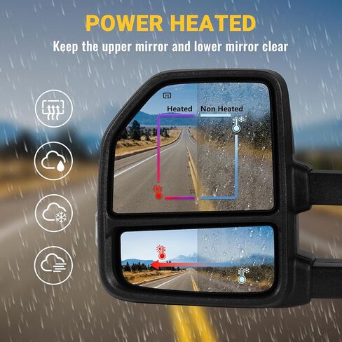 مرايا السحب لـ 2015-2020 F150 Ford Tow Mirrors مع إشارة الانعطاف وإضاءة التشغيل، مجموعة زوج مستشعر درجة الحرارة الزجاجية، غير مطلية باللون الأسود in Saudi Arabia