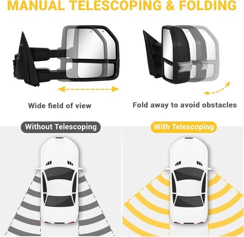 مرايا السحب لـ 2015-2020 F150 Ford Tow Mirrors مع إشارة الانعطاف وإضاءة التشغيل، مجموعة زوج مستشعر درجة الحرارة الزجاجية، غير مطلية باللون الأسود in Saudi Arabia