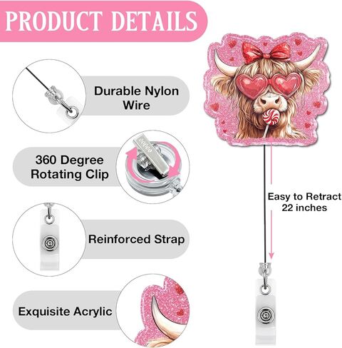 Valentine Highland Cow Badge Reel, Funny and Cute Badge Retractable Clip for Women Men Couple Lover, Gifts for Valentine Anniversary in Saudi Arabia