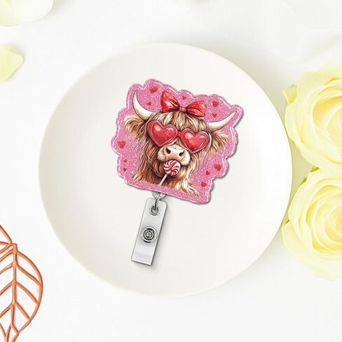 Valentine Highland Cow Badge Reel, Funny and Cute Badge Retractable Clip for Women Men Couple Lover, Gifts for Valentine Anniversary in Saudi Arabia
