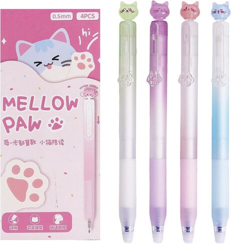 4 Pcs Cute Erasable Gel Pens Cat Retractable Pens Cartoon Kitten Erasable Pen 0.5mm Blue Ink Writing Pen for Women Girls Boys Office School Supplies (Erasable Pens-Blue Ink) in Saudi Arabia