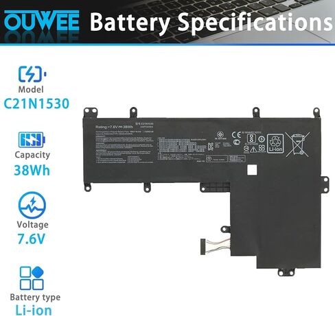 بطارية الكمبيوتر المحمول OUWEE C21N1530 متوافقة مع ASUS Chromebook C202 C202SA C202SA-2A C202SA-YS02 Series 2ICP134/59/4 7.6V 38Wh 5000mAh in Kuwait