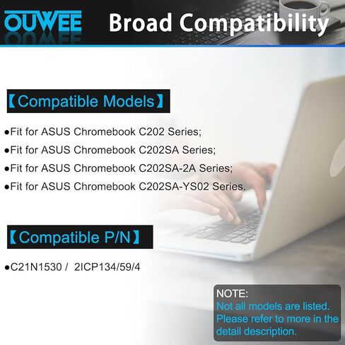 بطارية الكمبيوتر المحمول OUWEE C21N1530 متوافقة مع ASUS Chromebook C202 C202SA C202SA-2A C202SA-YS02 Series 2ICP134/59/4 7.6V 38Wh 5000mAh in Kuwait