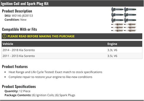 Ignition Coil and Spark Plug Kit - 12 Piece - Compatible with 2011-2018 Kia Sorento V6 in Saudi Arabia
