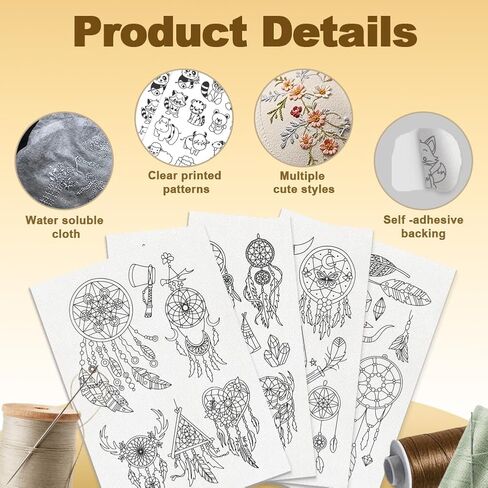 46 قطعة مثبتات خياطة يدوية قابلة للذوبان في الماء من Dreamcatcher، مثبت نمط تطريز ريش Dreamcatcher مقاس 8.3×11.7 بوصة، 4 أوراق عصا Dreamcatcher وملصق ورقي مطرز بالغرز in Saudi Arabia