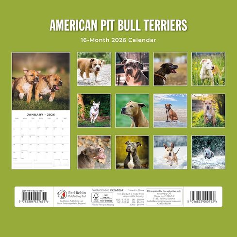 Red Robin 2026 American Pit Bull Terriers Monthly Wall Calendar | 12" x 24" Open | Premium Thick & Sturdy Paper | Hangable 12 Month Calendar | Lined Notes & To Do Area | Vivid Images | Plastic Free in Saudi Arabia