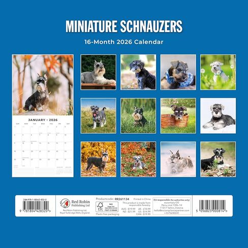 Red Robin 2026 Miniature Schnauzers Monthly Wall Calendar | 12" x 24" Open | Premium Thick & Sturdy Paper | Hangable 12 Month Calendar | Lined Notes & To Do Area | Vivid Images | Plastic Free in Saudi Arabia