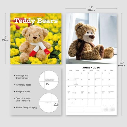 Red Robin 2026 Teddy Bears Monthly Wall Calendar | 12" x 24" Open | Premium Thick & Sturdy Paper | Hangable 12 Month Calendar | Lined Notes & To Do Area | Vivid Images | Plastic Free in Saudi Arabia