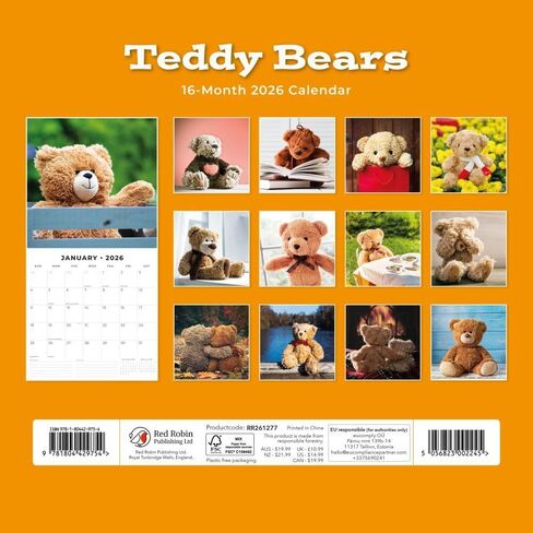 Red Robin 2026 Teddy Bears Monthly Wall Calendar | 12" x 24" Open | Premium Thick & Sturdy Paper | Hangable 12 Month Calendar | Lined Notes & To Do Area | Vivid Images | Plastic Free in Saudi Arabia