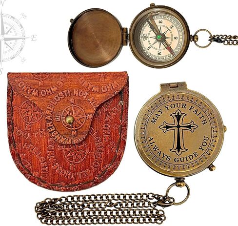 Antique Chain Compass for Hiking Nautical Brass Pocket with Engraved On Leather Case (Be Strong) in Saudi Arabia