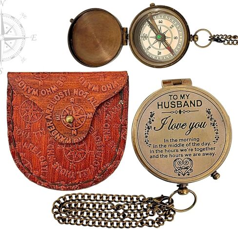 Antique Chain Compass for Hiking Nautical Brass Pocket with Engraved On Leather Case (Be Strong) in Saudi Arabia