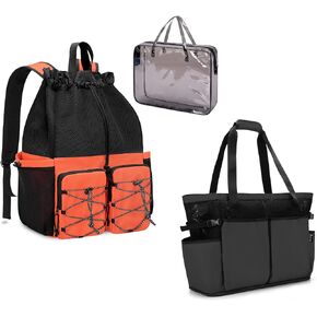 Fasrom Family Beach Tote Bag with Wet and Dry Separation Bundle with Drawstring Beach Bag Backpack with Waterproof Bag and Pocket