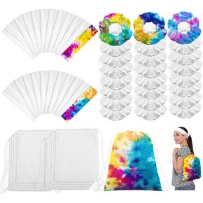 Abbylike 72 Pcs Tie Dye Party Supplies, 24 Cotton Drawstring Bags Tie Dye Drawstring Backpack 14 x 16 Inch Drawstring Tote Bags 24 White Cotton Scrunchies 24 Elastic Hair White Headband for Women DIY