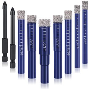 Anglekai 9PCS Dry Diamond Drill Bits Set, Diamond Core Drill Bits Set Diamond Tipped Drill Bit for Fast Dry Drilling, Glass Drill Bit Size 1/4" 5/16" 3/8" 1/2" with Storage Case/ 1/4 Inch Hex Shank