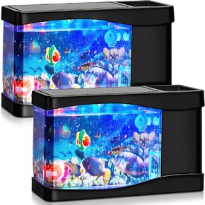 Rossesay 2 Sets Artificial Fake Fish Tank Mini Tropical Aquarium with 6 Moving Swimming Fish 6 Decorative Aquarium Lamp LED Lights, Mini Office Desk Aquarium Gift for Kids Men Women