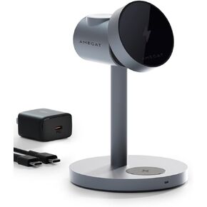 AMEGAT 3-in-1 Magnetic Wireless Charging Station, Qi2 Certified 15W Wireless Charger Stand, Mag-Safe Compatible, Apple Watch Charger, for iPhone 15/14, AirPods, Apple Watch S9, 30W PD Charger Included
