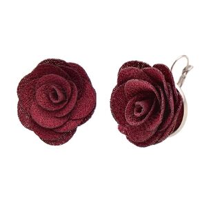 Joseph Brother Big Rose Flowers Earrings for Women Leverbacks, Wine Red