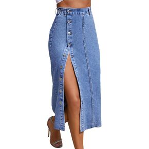 Nihsatin Women's Button Front Split Denim Midi Skirt High Waist Slim Fit Pencil Skirt
