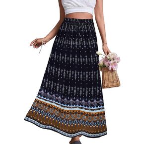Zeagoo Women's 2024 Boho Floral Skirt Casual Elastic High Waist Maxi Skirts Flowy A Line Beach Long Skirt with Side Pockets