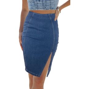 HERBATOMIA Women’s Denim Pencil Skirt High Waisted Knee Length Side Split Hem Stretch Jean Skirts for Women