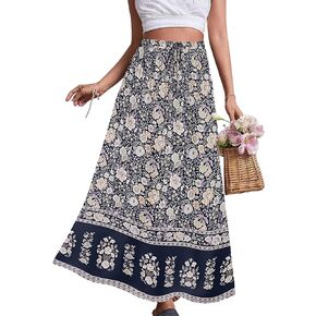 Zeagoo Women's 2024 Boho Floral Skirt Casual Elastic High Waist Maxi Skirts Flowy A Line Beach Long Skirt with Side Pockets