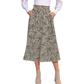EXLURA Womens High Waist Polka Dot Pleated Skirt Midi Swing Skirt with Pockets