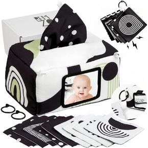 Baby Tissue Box Toy 3-in-1 w/ 10 Hanging Baby Crinkle Paper and Baby Tummy Time Mirror - High Contrast Baby Toys for Newborn - Sensory Montessori Magic Tissue Box Baby Toy - Crinkle Books for Babies