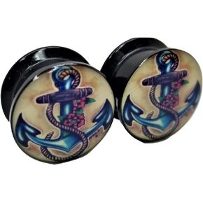 Pierced Republic Anchor w/Flowers Ear Plugs - Acrylic Screw-On - 8 Sizes Pair*