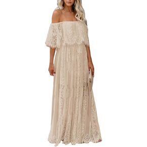 HOYISHION Women's Off The Shoulder Floral Lace Maxi Dress White Bridesmaid Wedding Party Maternity Photoshoot Long Dresses