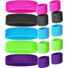 80s Sweatbands and Wristbands, Neon Sweatbands 80s, Sports Headband and Wristband Sets in 5 Colors