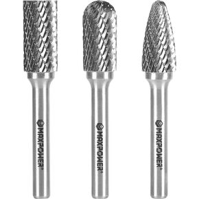 MAXPOWER Carbide Burr Set, 3-Piece Die Grinder Bits with 1/4" Shank, 7/16" Cutting Dia, Double Cut Carbide Burr for Drilling, Metal Carving, Polishing, Engraving, and Woodworking